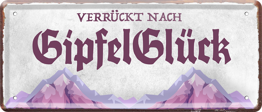 4252024237573		 ''Verrückt nach Gipfel Glück'' Schilderstore24 Blechschilder sind perfekt als Geschenk zu Weihnachten, Geburtstage, Feiern, Partys, Grillabende, Namenstag, Feiertag, Mädelsabend, Hochzeit. Jederzeit stilvoll im Wohnzimmer, Partykeller, Garage, Praxis, Büro, Café, Hauseingang Berge Reisen Wandern Outdoor Natur Urlaub sehenswürdigkeiten tal freizeit sport