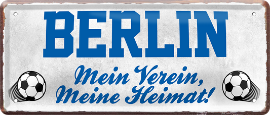 4252024238006		 ''Berlin Mein Verein, meine Heimat'' Schilderstore24 Blechschilder sind perfekt als Geschenk zu Weihnachten, Geburtstage, Feiern, Partys, Grillabende, Namenstag, Feiertag, Mädelsabend, Hochzeit. Jederzeit stilvoll im Wohnzimmer, Partykeller, Garage, Praxis, Büro, Café, Hauseingang Fußball Mannschaft Verein Bolzen Ball sport liga kicken stadion freizeit