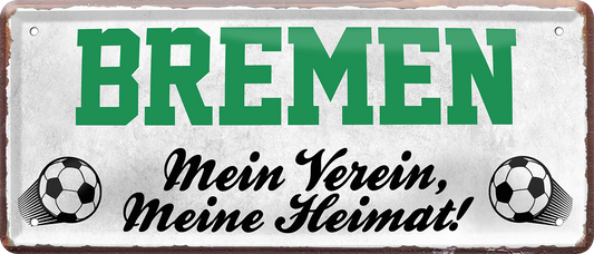 4252024238105		 ''Bremen Mein Verein, meine Heimat'' Schilderstore24 Blechschilder sind perfekt als Geschenk zu Weihnachten, Geburtstage, Feiern, Partys, Grillabende, Namenstag, Feiertag, Mädelsabend, Hochzeit. Jederzeit stilvoll im Wohnzimmer, Partykeller, Garage, Praxis, Büro, Café, Hauseingang Fußball Mannschaft Verein Bolzen Ball sport liga kicken stadion freizeit