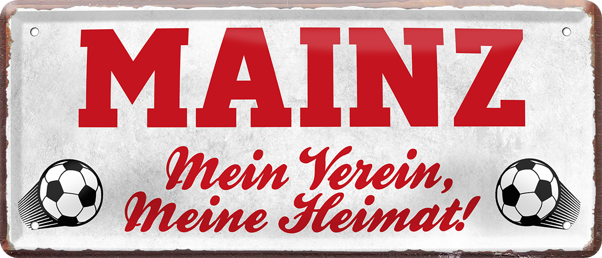 4252024238372		 ''Mainz Mein Verein, meine Heimat'' Schilderstore24 Blechschilder sind perfekt als Geschenk zu Weihnachten, Geburtstage, Feiern, Partys, Grillabende, Namenstag, Feiertag, Mädelsabend, Hochzeit. Jederzeit stilvoll im Wohnzimmer, Partykeller, Garage, Praxis, Büro, Café, Hauseingang Fußball Mannschaft Verein Bolzen Ball sport liga kicken stadion freizeit