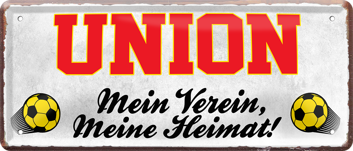 4252024238525		 ''Union Mein Verein, meine Heimat'' Schilderstore24 Blechschilder sind perfekt als Geschenk zu Weihnachten, Geburtstage, Feiern, Partys, Grillabende, Namenstag, Feiertag, Mädelsabend, Hochzeit. Jederzeit stilvoll im Wohnzimmer, Partykeller, Garage, Praxis, Büro, Café, Hauseingang Fußball Mannschaft Verein Bolzen Ball sport liga kicken stadion freizeit