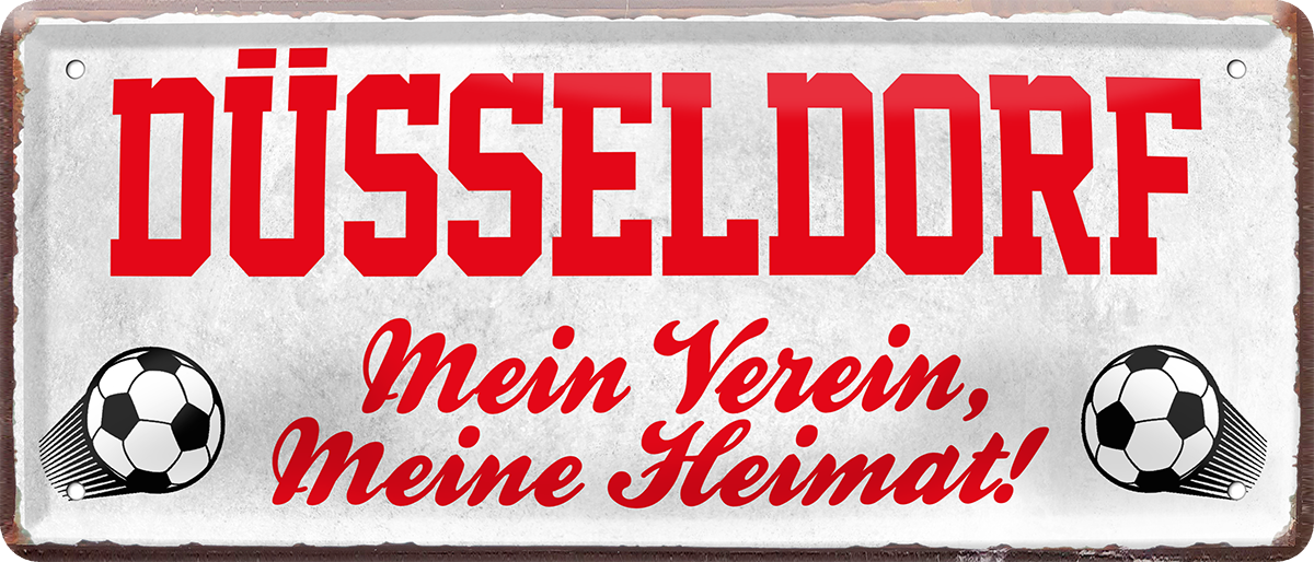 4252024238143		 ''Düsseldorf Mein Verein, meine Heimat'' Schilderstore24 Blechschilder sind perfekt als Geschenk zu Weihnachten, Geburtstage, Feiern, Partys, Grillabende, Namenstag, Feiertag, Mädelsabend, Hochzeit. Jederzeit stilvoll im Wohnzimmer, Partykeller, Garage, Praxis, Büro, Café, Hauseingang Fußball Mannschaft Verein Bolzen Ball sport liga kicken stadion freizeit