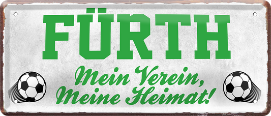 4252024238204		 ''Fürth Mein Verein, meine Heimat'' Schilderstore24 Blechschilder sind perfekt als Geschenk zu Weihnachten, Geburtstage, Feiern, Partys, Grillabende, Namenstag, Feiertag, Mädelsabend, Hochzeit. Jederzeit stilvoll im Wohnzimmer, Partykeller, Garage, Praxis, Büro, Café, Hauseingang Fußball Mannschaft Verein Bolzen Ball sport liga kicken stadion freizeit