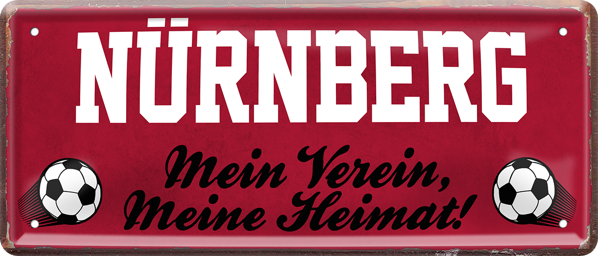 4252024238402		 ''Nürnberg Mein Verein, meine Heimat'' Schilderstore24 Blechschilder sind perfekt als Geschenk zu Weihnachten, Geburtstage, Feiern, Partys, Grillabende, Namenstag, Feiertag, Mädelsabend, Hochzeit. Jederzeit stilvoll im Wohnzimmer, Partykeller, Garage, Praxis, Büro, Café, Hauseingang Fußball Mannschaft Verein Bolzen Ball sport liga kicken stadion freizeit