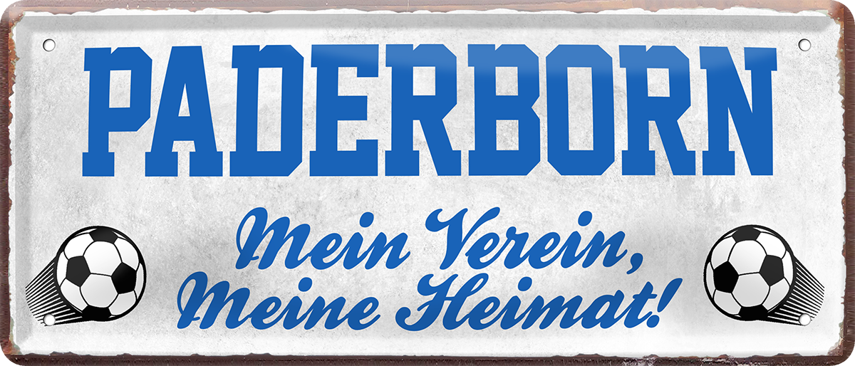 4252024238426		 ''Paderborn Mein Verein, meine Heimat'' Schilderstore24 Blechschilder sind perfekt als Geschenk zu Weihnachten, Geburtstage, Feiern, Partys, Grillabende, Namenstag, Feiertag, Mädelsabend, Hochzeit. Jederzeit stilvoll im Wohnzimmer, Partykeller, Garage, Praxis, Büro, Café, Hauseingang Fußball Mannschaft Verein Bolzen Ball sport liga kicken stadion freizeit