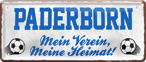 4252024238426		 ''Paderborn Mein Verein, meine Heimat'' Schilderstore24 Blechschilder sind perfekt als Geschenk zu Weihnachten, Geburtstage, Feiern, Partys, Grillabende, Namenstag, Feiertag, Mädelsabend, Hochzeit. Jederzeit stilvoll im Wohnzimmer, Partykeller, Garage, Praxis, Büro, Café, Hauseingang Fußball Mannschaft Verein Bolzen Ball sport liga kicken stadion freizeit