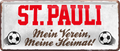 4252024238488		 ''St. Pauli Mein Verein, meine Heimat''Schilderstore24 Blechschilder sind perfekt als Geschenk zu Weihnachten, Geburtstage, Feiern, Partys, Grillabende, Namenstag, Feiertag, Mädelsabend, Hochzeit. Jederzeit stilvoll im Wohnzimmer, Partykeller, Garage, Praxis, Büro, Café, Hauseingang Fußball Mannschaft Verein Bolzen Ball sport liga kicken stadion freizeit