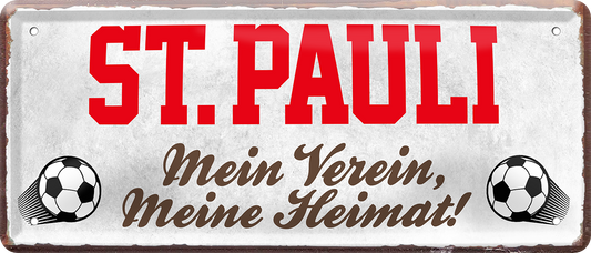 4252024238488		 ''St. Pauli Mein Verein, meine Heimat''Schilderstore24 Blechschilder sind perfekt als Geschenk zu Weihnachten, Geburtstage, Feiern, Partys, Grillabende, Namenstag, Feiertag, Mädelsabend, Hochzeit. Jederzeit stilvoll im Wohnzimmer, Partykeller, Garage, Praxis, Büro, Café, Hauseingang Fußball Mannschaft Verein Bolzen Ball sport liga kicken stadion freizeit