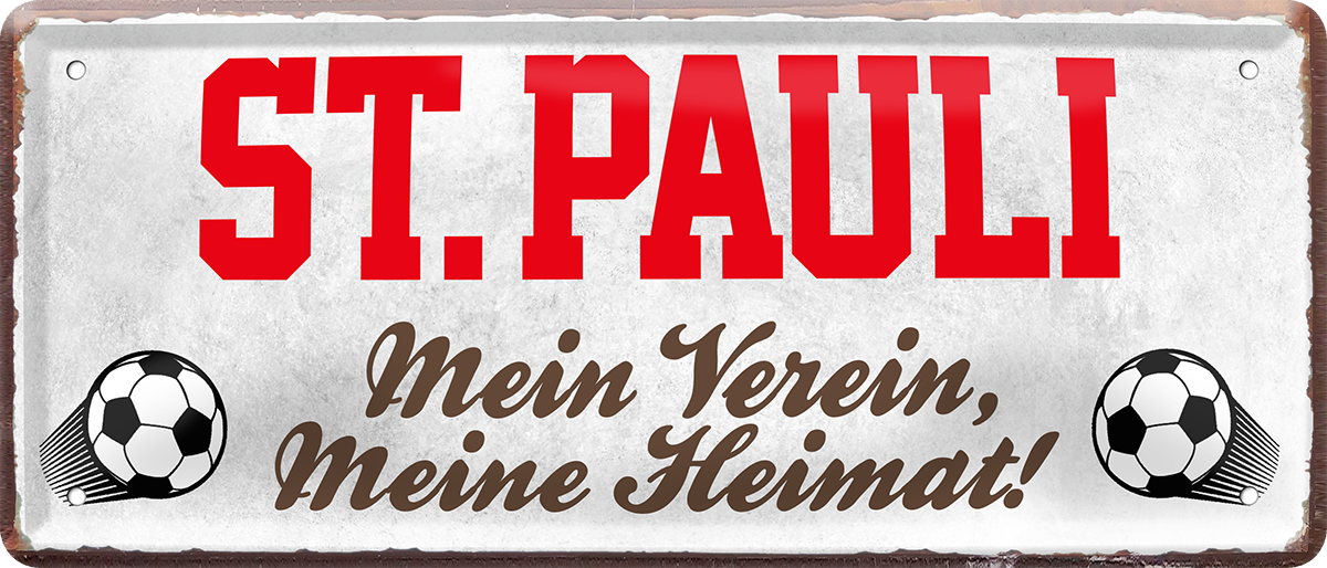4252024238488		 ''St. Pauli Mein Verein, meine Heimat'' Schilderstore24 Blechschilder sind perfekt als Geschenk zu Weihnachten, Geburtstage, Feiern, Partys, Grillabende, Namenstag, Feiertag, Mädelsabend, Hochzeit. Jederzeit stilvoll im Wohnzimmer, Partykeller, Garage, Praxis, Büro, Café, Hauseingang Fußball Mannschaft Verein Bolzen Ball sport liga kicken stadion freizeit