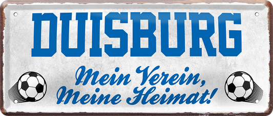 4252024238136		 ''Duisburg Mein Verein, meine Heimat'' Schilderstore24 Blechschilder sind perfekt als Geschenk zu Weihnachten, Geburtstage, Feiern, Partys, Grillabende, Namenstag, Feiertag, Mädelsabend, Hochzeit. Jederzeit stilvoll im Wohnzimmer, Partykeller, Garage, Praxis, Büro, Café, Hauseingang Fußball Mannschaft Verein Bolzen Ball sport liga kicken stadion freizeit