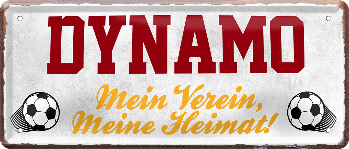 4252024238150		 ''Dynamo Mein Verein, meine Heimat'' Schilderstore24 Blechschilder sind perfekt als Geschenk zu Weihnachten, Geburtstage, Feiern, Partys, Grillabende, Namenstag, Feiertag, Mädelsabend, Hochzeit. Jederzeit stilvoll im Wohnzimmer, Partykeller, Garage, Praxis, Büro, Café, Hauseingang Fußball Mannschaft Verein Bolzen Ball sport liga kicken stadion freizeit
