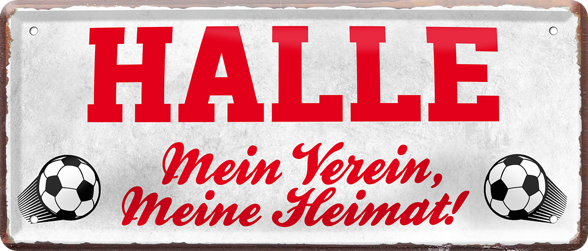 4252024238211		 ''Halle Mein Verein, meine Heimat'' Schilderstore24 Blechschilder sind perfekt als Geschenk zu Weihnachten, Geburtstage, Feiern, Partys, Grillabende, Namenstag, Feiertag, Mädelsabend, Hochzeit. Jederzeit stilvoll im Wohnzimmer, Partykeller, Garage, Praxis, Büro, Café, Hauseingang Fußball Mannschaft Verein Bolzen Ball sport liga kicken stadion freizeit