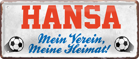 4252024238242		 ''Hansa Mein Verein, meine Heimat'' Schilderstore24 Blechschilder sind perfekt als Geschenk zu Weihnachten, Geburtstage, Feiern, Partys, Grillabende, Namenstag, Feiertag, Mädelsabend, Hochzeit. Jederzeit stilvoll im Wohnzimmer, Partykeller, Garage, Praxis, Büro, Café, Hauseingang Fußball Mannschaft Verein Bolzen Ball sport liga kicken stadion freizeit