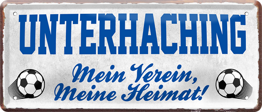 4252024238532		 ''Unterhachingen Mein Verein, meine Heimat'' Schilderstore24 Blechschilder sind perfekt als Geschenk zu Weihnachten, Geburtstage, Feiern, Partys, Grillabende, Namenstag, Feiertag, Mädelsabend, Hochzeit. Jederzeit stilvoll im Wohnzimmer, Partykeller, Garage, Praxis, Büro, Café, Hauseingang Fußball Mannschaft Verein Bolzen Ball sport liga kicken stadion freizeit