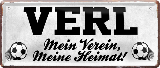 4252024238549		 ''Verl Mein Verein, meine Heimat'' Schilderstore24 Blechschilder sind perfekt als Geschenk zu Weihnachten, Geburtstage, Feiern, Partys, Grillabende, Namenstag, Feiertag, Mädelsabend, Hochzeit. Jederzeit stilvoll im Wohnzimmer, Partykeller, Garage, Praxis, Büro, Café, Hauseingang Fußball Mannschaft Verein Bolzen Ball sport liga kicken stadion freizeit