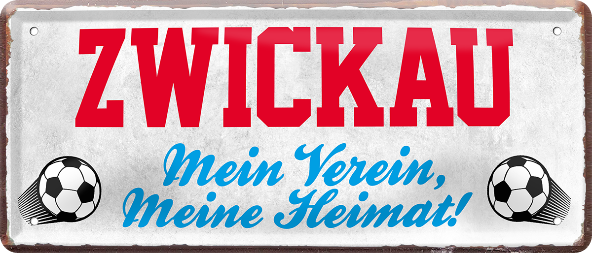 4252024238600		 ''Zwickau Mein Verein, meine Heimat'' Schilderstore24 Blechschilder sind perfekt als Geschenk zu Weihnachten, Geburtstage, Feiern, Partys, Grillabende, Namenstag, Feiertag, Mädelsabend, Hochzeit. Jederzeit stilvoll im Wohnzimmer, Partykeller, Garage, Praxis, Büro, Café, Hauseingang Fußball Mannschaft Verein Bolzen Ball sport liga kicken stadion freizeit