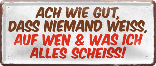4252024236477		 ''Ach wie gut dass niemand weiss auf was ich scheiss'' Schilderstore24 Blechschilder sind perfekt als Geschenk zu Weihnachten, Geburtstage, Feiern, Partys, Grillabende, Namenstag, Feiertag, Mädelsabend, Hochzeit. Jederzeit stilvoll im Wohnzimmer, Partykeller, Garage, Praxis, Büro, Café, Hauseingang Sarkasmus Ironie Funny Schwarzer Humor faul dumm fun rente lästern teufel
