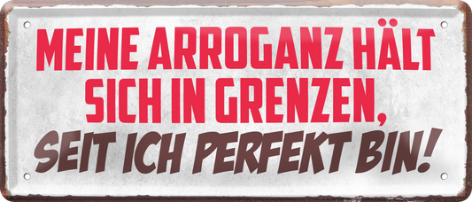 4252024236743		 ''Meine Arroganz hält sich in Grenzen'' Schilderstore24 Blechschilder sind perfekt als Geschenk zu Weihnachten, Geburtstage, Feiern, Partys, Grillabende, Namenstag, Feiertag, Mädelsabend, Hochzeit. Jederzeit stilvoll im Wohnzimmer, Partykeller, Garage, Praxis, Büro, Café, Hauseingang Sarkasmus Ironie Funny Schwarzer Humor faul dumm fun rente lästern teufel