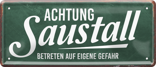 4252024238662		 ''Achtung Saustall'' Schilderstore24 Blechschilder sind perfekt als Geschenk zu Weihnachten, Geburtstage, Feiern, Partys, Grillabende, Namenstag, Feiertag, Mädelsabend, Hochzeit. Jederzeit stilvoll im Wohnzimmer, Partykeller, Garage, Praxis, Büro, Café, Hauseingang Küche Haushalt Willkommen Eigenheim heim essen haus kochen herzlich Zuhause putzen
