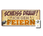 Blechschilder ''Scheiss Drauf'' Saufen Kaffee Biken Meer Urlaub Prinzessin uvm 28x12cm
