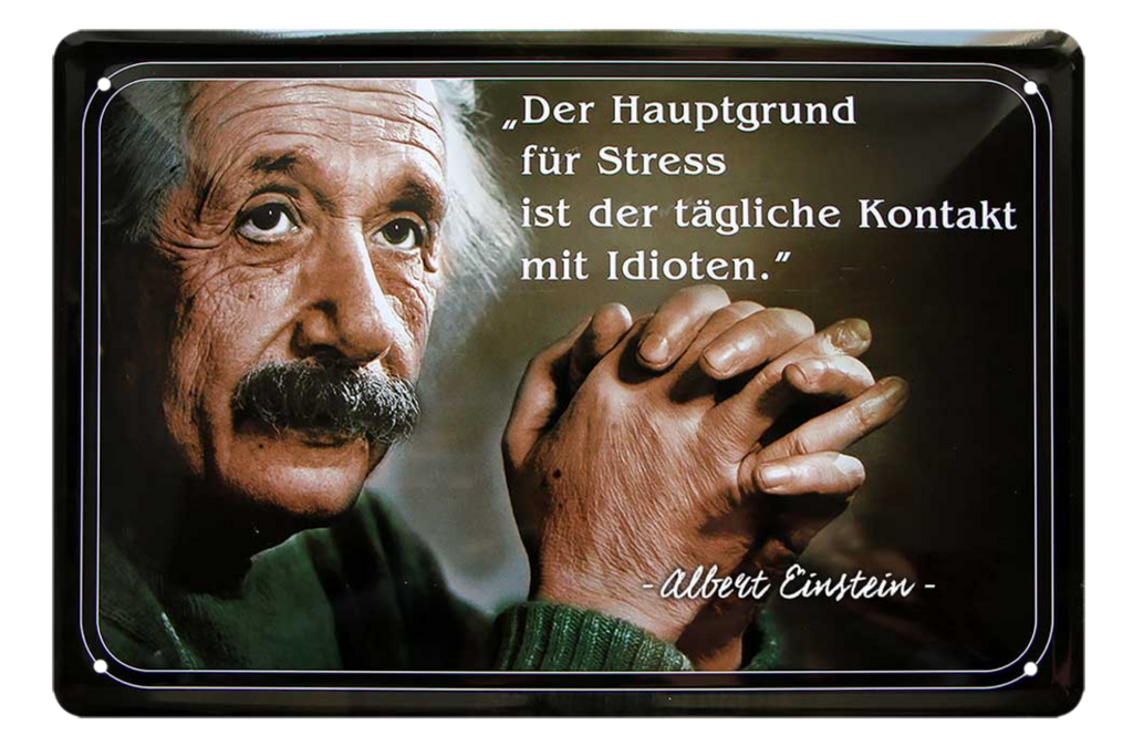 4252024215281	Schilderstore24 	 ''Der Hauptgrund für Stress (Einstein, linksgebundener Text)'' Schilderstore24 Blechschilder sind perfekt als Geschenk zu Weihnachten, Geburtstage, Feiern, Partys, Grillabende, Namenstag, Feiertag, Mädelsabend, Hochzeit. Jederzeit stilvoll im Wohnzimmer, Partykeller, Garage, Praxis, Büro, Café, Hauseingang Tiefsinnig Albert Einstein Weisheiten wahrheit sprichwort lebensweisheit philosoph