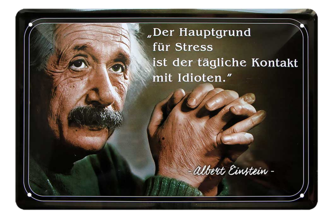 4252024215281	Schilderstore24 	 ''Der Hauptgrund für Stress (Einstein, linksgebundener Text)'' Schilderstore24 Blechschilder sind perfekt als Geschenk zu Weihnachten, Geburtstage, Feiern, Partys, Grillabende, Namenstag, Feiertag, Mädelsabend, Hochzeit. Jederzeit stilvoll im Wohnzimmer, Partykeller, Garage, Praxis, Büro, Café, Hauseingang Tiefsinnig Albert Einstein Weisheiten wahrheit sprichwort lebensweisheit philosoph