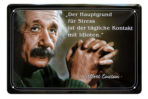 4252024215281 Schilderstore24 	Schilderstore24 Blechschilder sind perfekt als Geschenk zu Weihnachten, Geburtstage, Feiern, Partys, Grillabende, Namenstag, Feiertag, Mädelsabend, Hochzeit. Jederzeit stilvoll im Wohnzimmer, Partykeller, Garage, Praxis, Büro, Café, Hauseingang Tiefsinnig Albert Einstein Weisheiten wahrheit sprichwort lebensweisheit philosoph ''Der Hauptgrund für Stress (Einstein, linksgebundener Text)''		20x30cm