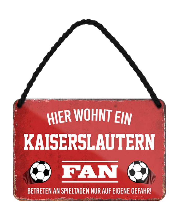 4252024203448	Schilderstore24 Blechschilder sind perfekt als Geschenk zu Weihnachten, Geburtstage, Feiern, Partys, Grillabende, Namenstag, Feiertag, Mädelsabend, Hochzeit. Jederzeit stilvoll im Wohnzimmer, Partykeller, Garage, Praxis, Büro, Café, Hauseingang Fußball Mannschaft Verein Bolzen Ball sport liga kicken stadion freizeit Schilderstore24 	 ''Kaiserlautern Fan''