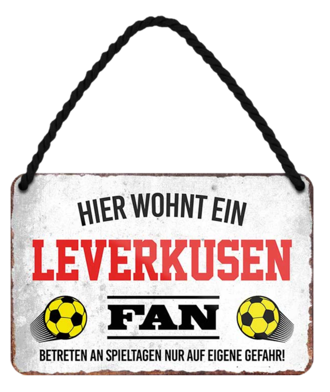 4252024203493	Schilderstore24 Blechschilder sind perfekt als Geschenk zu Weihnachten, Geburtstage, Feiern, Partys, Grillabende, Namenstag, Feiertag, Mädelsabend, Hochzeit. Jederzeit stilvoll im Wohnzimmer, Partykeller, Garage, Praxis, Büro, Café, Hauseingang Fußball Mannschaft Verein Bolzen Ball sport liga kicken stadion freizeit Schilderstore24 	 ''Leverkusen Fan''