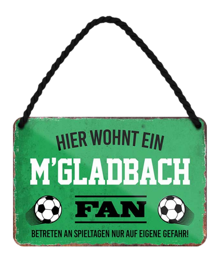 4252024203509	Schilderstore24 Blechschilder sind perfekt als Geschenk zu Weihnachten, Geburtstage, Feiern, Partys, Grillabende, Namenstag, Feiertag, Mädelsabend, Hochzeit. Jederzeit stilvoll im Wohnzimmer, Partykeller, Garage, Praxis, Büro, Café, Hauseingang Fußball Mannschaft Verein Bolzen Ball sport liga kicken stadion freizeit Schilderstore24 	 ''M´Gladbach Fan''
