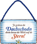 4252024201802 Schilderstore24 Schilderstore24 Blechschilder sind perfekt als Geschenk zu Weihnachten, Geburtstage, Feiern, Partys, Grillabende, Namenstag, Feiertag, Mädelsabend, Hochzeit. Jederzeit stilvoll im Wohnzimmer, Partykeller, Garage, Praxis, Büro, Café, Hauseingang Sachse Bayern Schwäbisch Alm bayrisch sprache kultur tradition	 ''je grässa da Dachschodn desto bessa da blick''		18x12cm