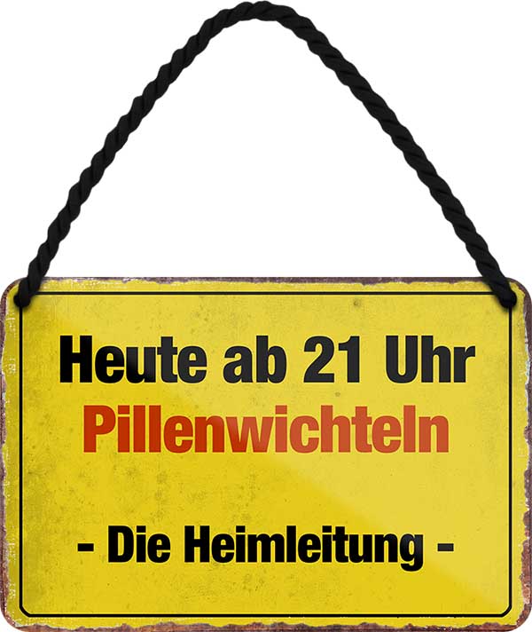 4252024209761 Schilderstore24 Schilderstore24 Blechschilder sind perfekt als Geschenk zu Weihnachten, Geburtstage, Feiern, Partys, Grillabende, Namenstag, Feiertag, Mädelsabend, Hochzeit. Jederzeit stilvoll im Wohnzimmer, Partykeller, Garage, Praxis, Büro, Café, Hauseingang Sarkasmus Ironie Funny Schwarzer Humor faul dumm fun rente lästern teufel	 ''Heute ab 21 Uhr Pillenwichteln die Heimleitung''		18x12cm