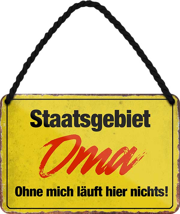 4252024207309 Schilderstore24 Schilderstore24 Blechschilder sind perfekt als Geschenk zu Weihnachten, Geburtstage, Feiern, Partys, Grillabende, Namenstag, Feiertag, Mädelsabend, Hochzeit. Jederzeit stilvoll im Wohnzimmer, Partykeller, Garage, Praxis, Büro, Café, Hauseingang Familie Zuhause Eltern Geschwister oma opa familie mama papa geschwister	 ''Staatsgebiet Oma, ohne mich läuft hier nichts''		18x12cm