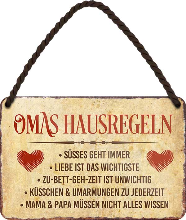4252024207279 	Schilderstore24 	Schilderstore24 Blechschilder sind perfekt als Geschenk zu Weihnachten, Geburtstage, Feiern, Partys, Grillabende, Namenstag, Feiertag, Mädelsabend, Hochzeit. Jederzeit stilvoll im Wohnzimmer, Partykeller, Garage, Praxis, Büro, Café, Hauseingang Familie Zuhause Eltern Geschwister oma opa familie mama papa geschwister ''Omas Hausregeln, Süsses geht immer''		18x12cm
