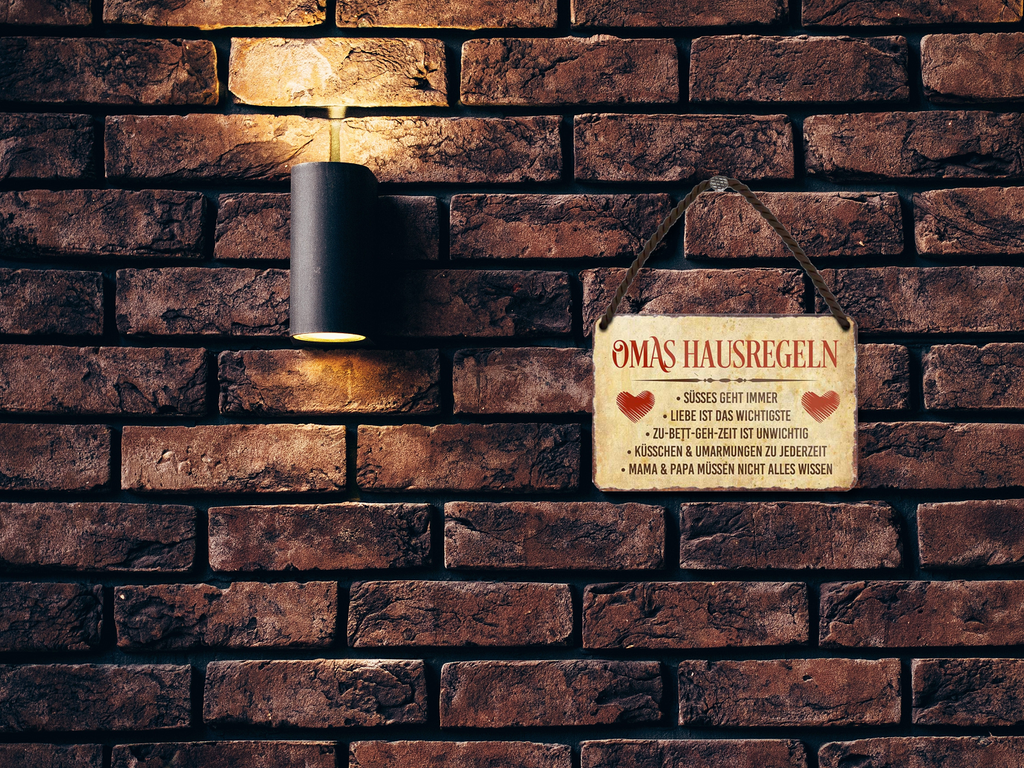 Blechschild ''Omas Hausregeln, Süsses geht immer'' 18x12cm