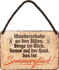 4252024202229 Schilderstore24 	Schilderstore24 Blechschilder sind perfekt als Geschenk zu Weihnachten, Geburtstage, Feiern, Partys, Grillabende, Namenstag, Feiertag, Mädelsabend, Hochzeit. Jederzeit stilvoll im Wohnzimmer, Partykeller, Garage, Praxis, Büro, Café, Hauseingang Berge Reisen Wandern Outdoor Natur Urlaub sehenswürdigkeiten tal freizeit sport ''Wanderschuhe an den Füßen, Berge im Blick.. Sommerglück''		18x12cm