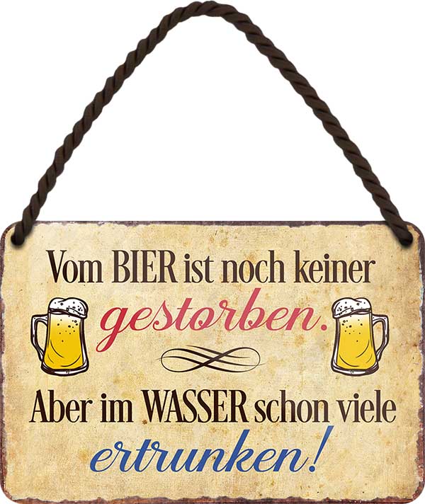 4252024200799 Schilderstore24 	Schilderstore24 Blechschilder sind perfekt als Geschenk zu Weihnachten, Geburtstage, Feiern, Partys, Grillabende, Namenstag, Feiertag, Mädelsabend, Hochzeit. Jederzeit stilvoll im Wohnzimmer, Partykeller, Garage, Praxis, Büro, Café, Hauseingang Alkohol Cocktail Bier Sekt Getränk Bier Alkohol schnaps promille tequila    ''Vom Bier ist noch keiner gestorben.. Ertrunken''		18x12cm