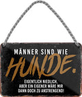 4252024210194 Schilderstore24 	Schilderstore24 Blechschilder sind perfekt als Geschenk zu Weihnachten, Geburtstage, Feiern, Partys, Grillabende, Namenstag, Feiertag, Mädelsabend, Hochzeit. Jederzeit stilvoll im Wohnzimmer, Partykeller, Garage, Praxis, Büro, Café, Hauseingang Sarkasmus Ironie Funny Schwarzer Humor faul dumm fun rente lästern teufel ''Männer sind wie Hunde. eigentlich niedlich.. doch anstrengend''		18x12cm
