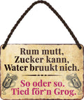 4252024200676 Schilderstore24 Schilderstore24 Blechschilder sind perfekt als Geschenk zu Weihnachten, Geburtstage, Feiern, Partys, Grillabende, Namenstag, Feiertag, Mädelsabend, Hochzeit. Jederzeit stilvoll im Wohnzimmer, Partykeller, Garage, Praxis, Büro, Café, Hauseingang Alkohol Cocktail Bier Sekt Getränk Bier Alkohol schnaps promille tequila   	 ''Rum mutt, Zucker kann, Water bruukt nich''		18x12cm