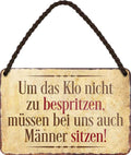 4252024210514 Schilderstore24 Schilderstore24 Blechschilder sind perfekt als Geschenk zu Weihnachten, Geburtstage, Feiern, Partys, Grillabende, Namenstag, Feiertag, Mädelsabend, Hochzeit. Jederzeit stilvoll im Wohnzimmer, Partykeller, Garage, Praxis, Büro, Café, Hauseingang Sarkasmus Ironie Funny Schwarzer Humor faul dumm fun rente lästern teufel	 ''Um das Klo nicht zu bespritzen,.. Männer sitzen''		18x12cm