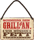 4252024202694 Schilderstore24 	Schilderstore24 Blechschilder sind perfekt als Geschenk zu Weihnachten, Geburtstage, Feiern, Partys, Grillabende, Namenstag, Feiertag, Mädelsabend, Hochzeit. Jederzeit stilvoll im Wohnzimmer, Partykeller, Garage, Praxis, Büro, Café, Hauseingang Lebensmittel Kaffee Kuchen Tee Grill crepes teigware süßigkeit essen grill wurst ''schmeiss den Grill an.. Fett verbrennen''		18x12cm