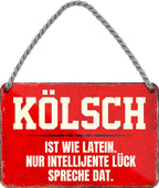4252024210040 Schilderstore24 	Schilderstore24 Blechschilder sind perfekt als Geschenk zu Weihnachten, Geburtstage, Feiern, Partys, Grillabende, Namenstag, Feiertag, Mädelsabend, Hochzeit. Jederzeit stilvoll im Wohnzimmer, Partykeller, Garage, Praxis, Büro, Café, Hauseingang Sarkasmus Ironie Funny Schwarzer Humor faul dumm fun rente lästern teufel ''Kölsch ist wie latein... spreache dat''		18x12cm