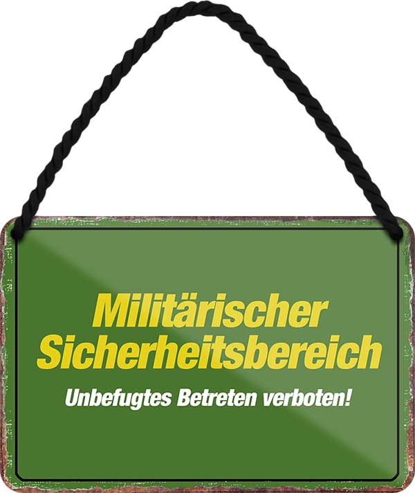 4252024210217 Schilderstore24 Schilderstore24 Blechschilder sind perfekt als Geschenk zu Weihnachten, Geburtstage, Feiern, Partys, Grillabende, Namenstag, Feiertag, Mädelsabend, Hochzeit. Jederzeit stilvoll im Wohnzimmer, Partykeller, Garage, Praxis, Büro, Café, Hauseingang Sarkasmus Ironie Funny Schwarzer Humor faul dumm fun rente lästern teufel	 ''Militärischer Sicherheitsbereich''		18x12cm