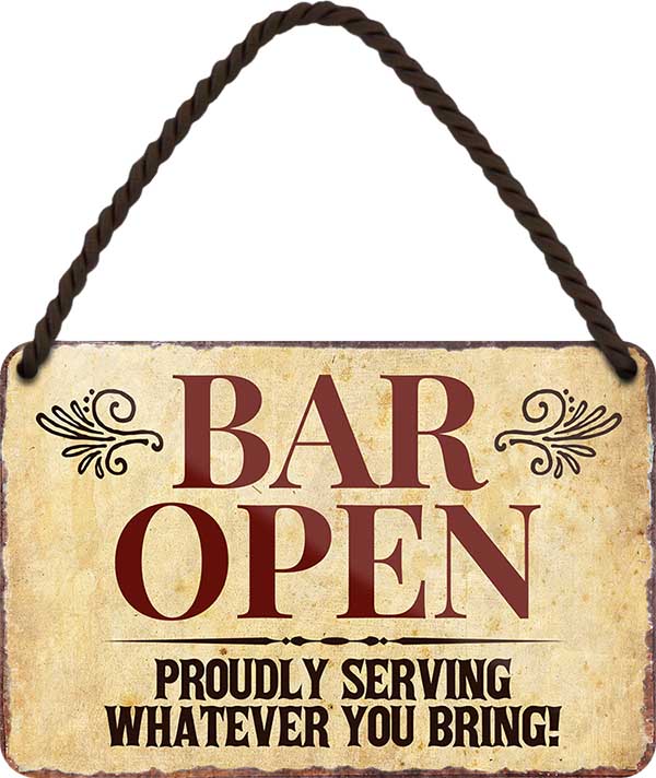 4252024200065 Schilderstore24 Schilderstore24 Blechschilder sind perfekt als Geschenk zu Weihnachten, Geburtstage, Feiern, Partys, Grillabende, Namenstag, Feiertag, Mädelsabend, Hochzeit. Jederzeit stilvoll im Wohnzimmer, Partykeller, Garage, Praxis, Büro, Café, Hauseingang Alkohol Cocktail Bier Sekt Getränk Bier Alkohol schnaps promille tequila   	 ''Bar Open. Proudly severing whatever you bring''		18x12cm