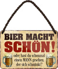 4252024200102 Schilderstore24 Schilderstore24 Blechschilder sind perfekt als Geschenk zu Weihnachten, Geburtstage, Feiern, Partys, Grillabende, Namenstag, Feiertag, Mädelsabend, Hochzeit. Jederzeit stilvoll im Wohnzimmer, Partykeller, Garage, Praxis, Büro, Café, Hauseingang Alkohol Cocktail Bier Sekt Getränk Bier Alkohol schnaps promille tequila   	 ''Bier macht schön.. Mann gesehen der sich schminkt''		18x12cm