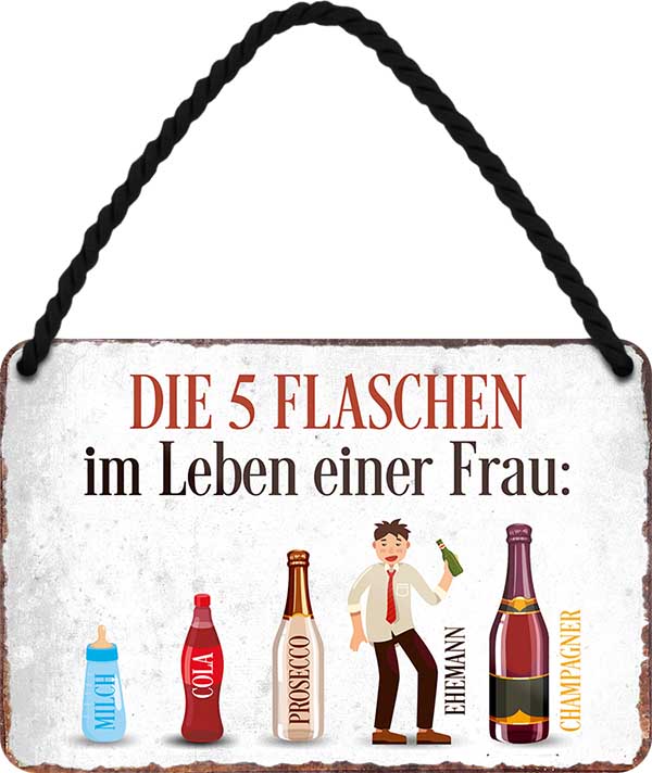 4252024209488 Schilderstore24 	Schilderstore24 Blechschilder sind perfekt als Geschenk zu Weihnachten, Geburtstage, Feiern, Partys, Grillabende, Namenstag, Feiertag, Mädelsabend, Hochzeit. Jederzeit stilvoll im Wohnzimmer, Partykeller, Garage, Praxis, Büro, Café, Hauseingang Sarkasmus Ironie Funny Schwarzer Humor faul dumm fun rente lästern teufel ''Die 5 Flaschen im Leben einer Frau''		18x12cm