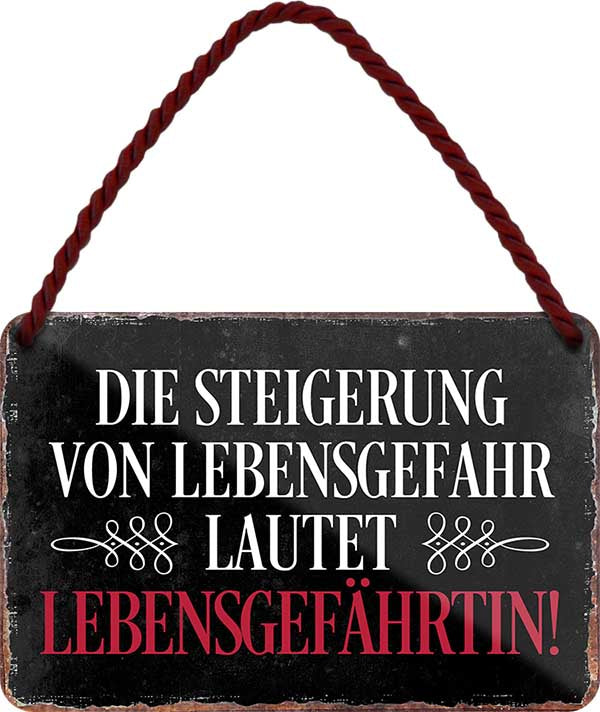 4252024209495 Schilderstore24 	Schilderstore24 Blechschilder sind perfekt als Geschenk zu Weihnachten, Geburtstage, Feiern, Partys, Grillabende, Namenstag, Feiertag, Mädelsabend, Hochzeit. Jederzeit stilvoll im Wohnzimmer, Partykeller, Garage, Praxis, Büro, Café, Hauseingang Sarkasmus Ironie Funny Schwarzer Humor faul dumm fun rente lästern teufel ''Die Steigerung von Lebensgefahr lautet Lebensgefährtin''		18x12cm