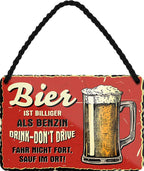 4252024200096 Schilderstore24 	Schilderstore24 Blechschilder sind perfekt als Geschenk zu Weihnachten, Geburtstage, Feiern, Partys, Grillabende, Namenstag, Feiertag, Mädelsabend, Hochzeit. Jederzeit stilvoll im Wohnzimmer, Partykeller, Garage, Praxis, Büro, Café, Hauseingang Alkohol Cocktail Bier Sekt Getränk Bier Alkohol schnaps promille tequila    ''Bier ist billiger als Benzin. Drink-Dont drive''		18x12cm