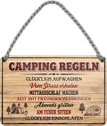 4252024202281 Schilderstore24 	Schilderstore24 Blechschilder sind perfekt als Geschenk zu Weihnachten, Geburtstage, Feiern, Partys, Grillabende, Namenstag, Feiertag, Mädelsabend, Hochzeit. Jederzeit stilvoll im Wohnzimmer, Partykeller, Garage, Praxis, Büro, Café, Hauseingang Camping Natur Wald Freiheit wandern campen outdoor natur roadtripp ''Camping Regeln. Glücklich aufwachen. Von Stress erholen''		18x12cm