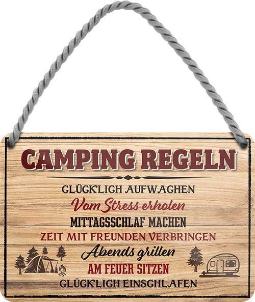4252024202281 Schilderstore24 	Schilderstore24 Blechschilder sind perfekt als Geschenk zu Weihnachten, Geburtstage, Feiern, Partys, Grillabende, Namenstag, Feiertag, Mädelsabend, Hochzeit. Jederzeit stilvoll im Wohnzimmer, Partykeller, Garage, Praxis, Büro, Café, Hauseingang Camping Natur Wald Freiheit wandern campen outdoor natur roadtripp ''Camping Regeln. Glücklich aufwachen. Von Stress erholen''		18x12cm
